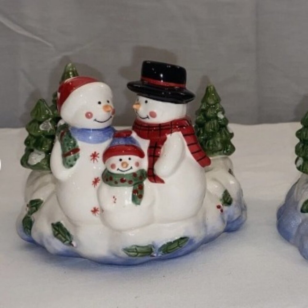 HOME INTERIORS 2 PIECE SNOWMAN DECORATIVE CANDLE JAR TOPPER & BASE HOLDER
